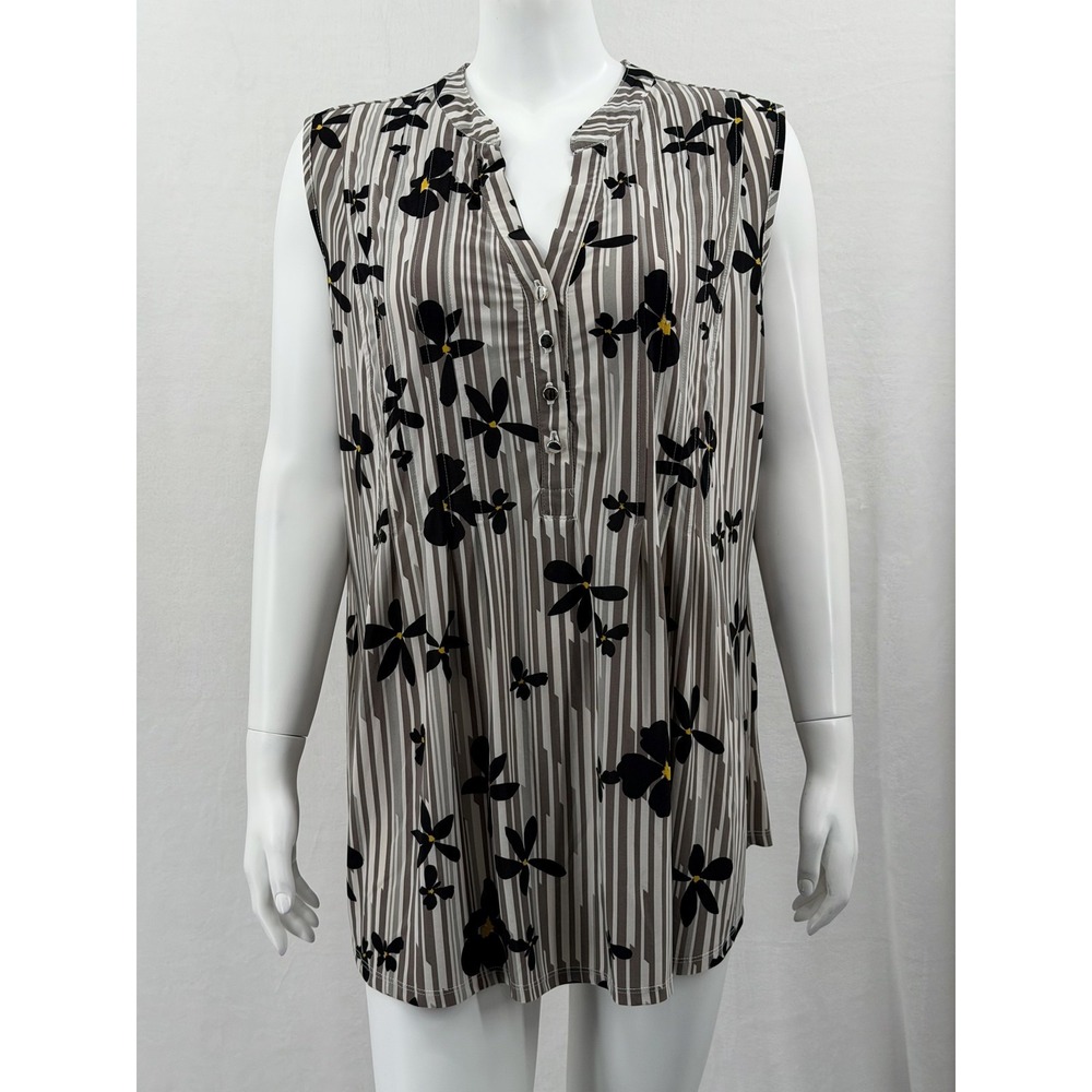 Cocomo Top Womens 2X Gray Brown Floral Striped Sleeveless Popover Boho Office